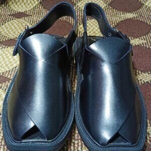 Handmade Black Peshawari Chappal, Shinny Black Leather Peshawari Chappal Sandals